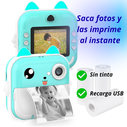 Cámara Infantil Impresora Térmica Gatito Turquesa